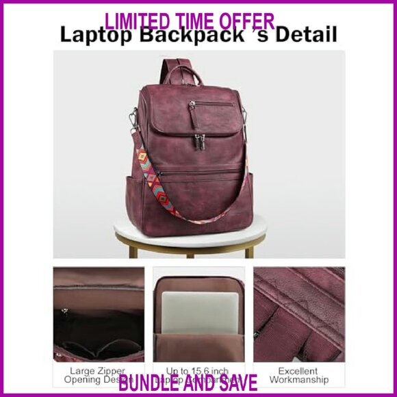 Leather Laptop Backpack for Women, 15.6 Inch, 12 Pockets, Travel & Work - Picture 6 of 7